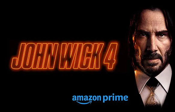 Het logo van Amazon Prime en het logo van John Wick met op de achtergrond een acteur