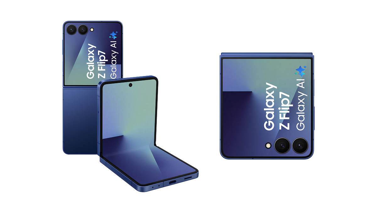 De blauwe Samsung Galaxy Z Flip7: staand, gevouwen en dicht