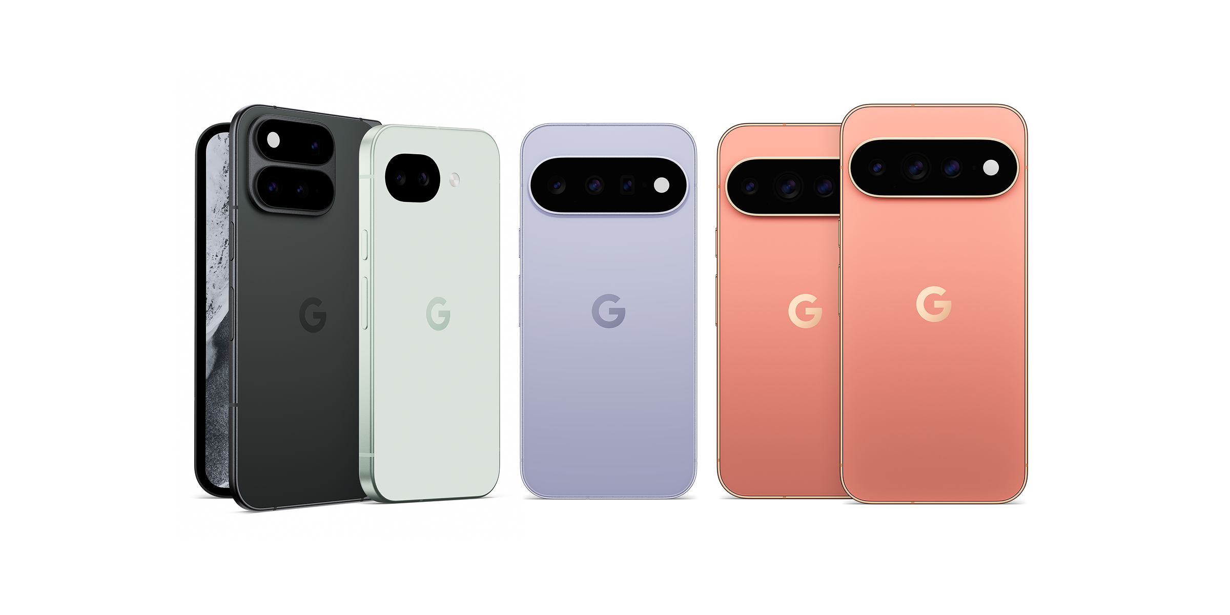 Kleuren van de Google Pixel 11-serie naast elkaar: zwart, grijsgroen, lichtblauw en oranje