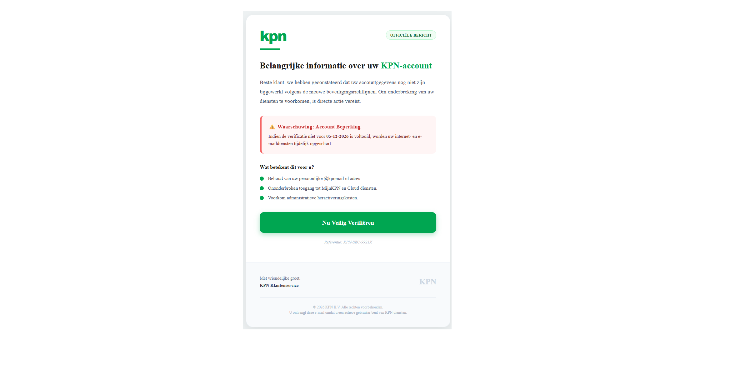 Afbeelding van phishing mail met onderwerp: Waarschuwing: Er is ongebruikelijke activiteit gedetecteerd op uw kpn