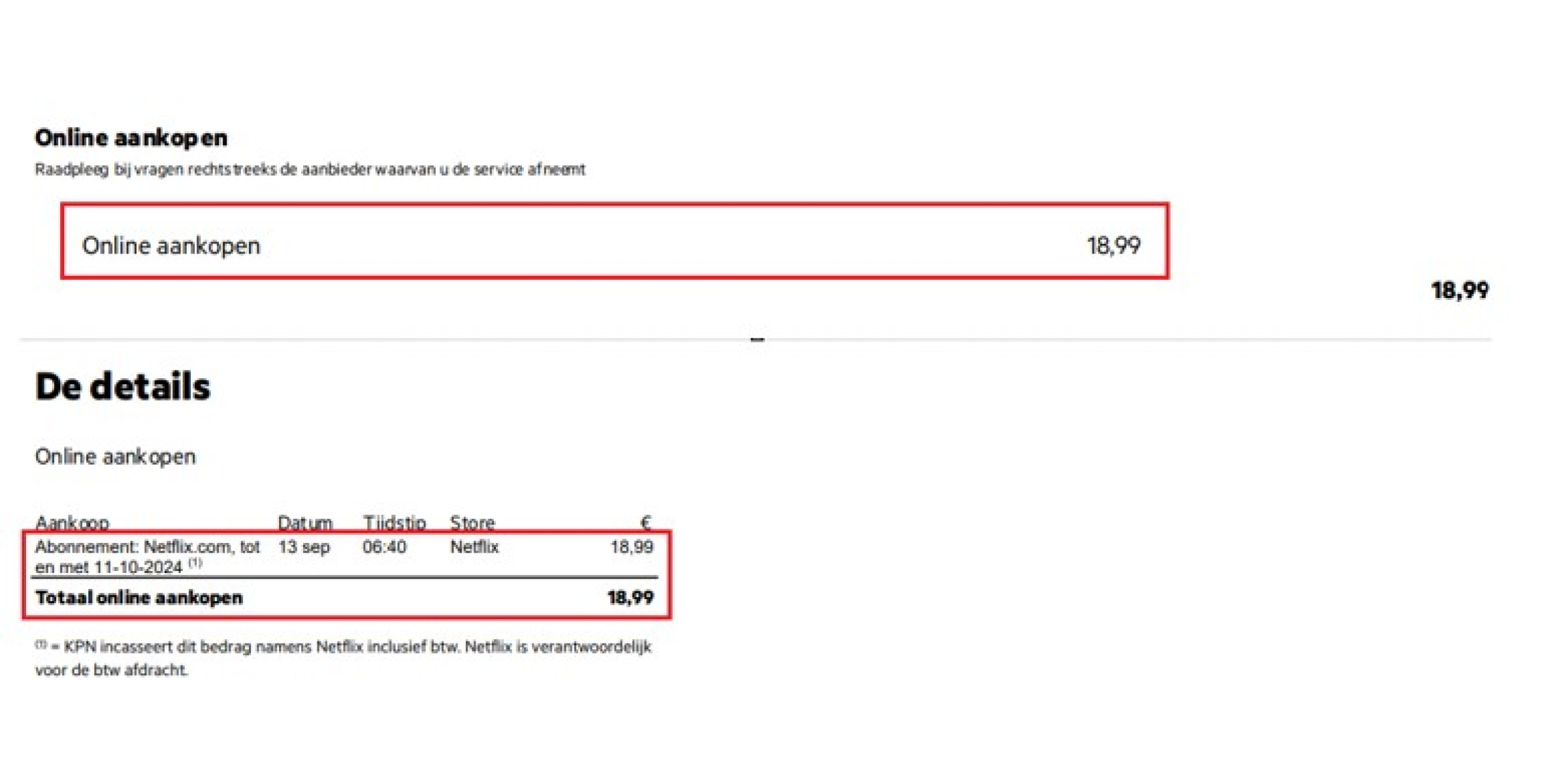 Voorbeeld KPN factuur. Op deze factuur staat Netflix onder het kopje ‘Online aankopen'.