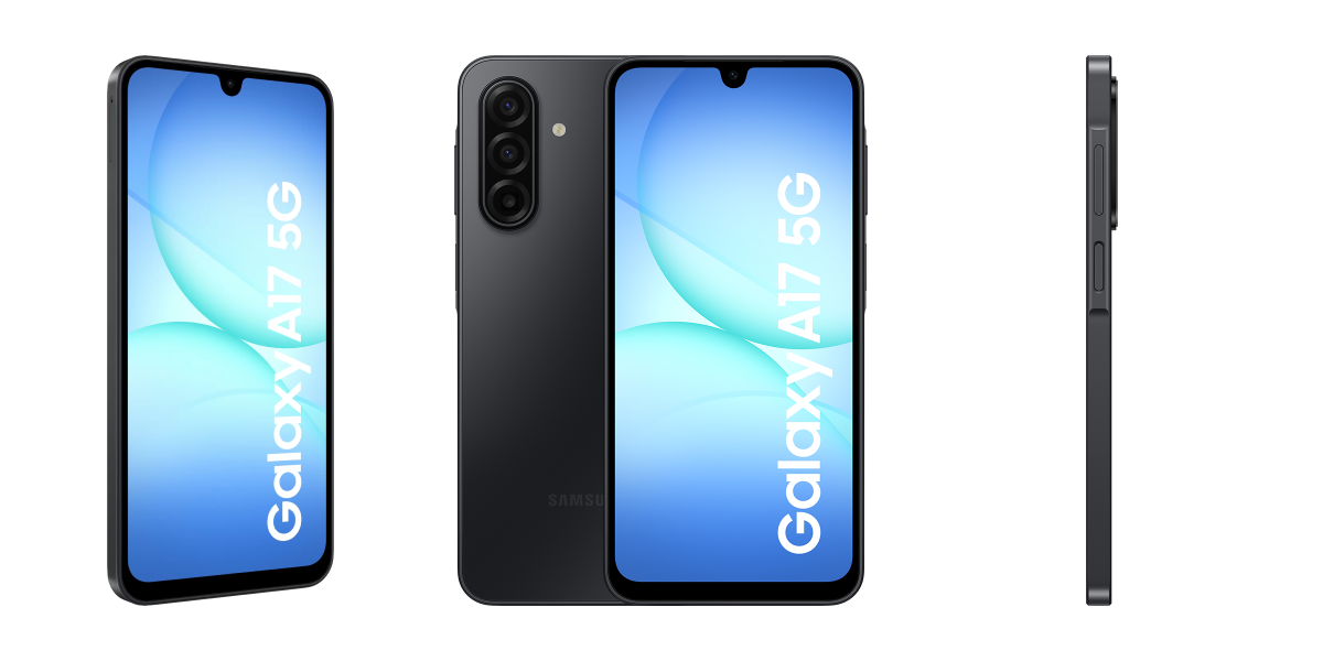 De voorkant, voor- en achterkant en zijkant van de Galaxy A17