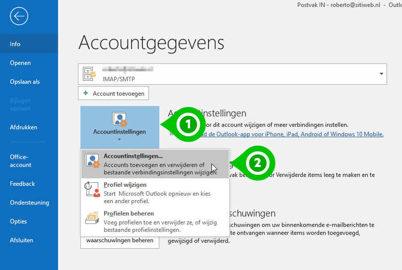 Selecteer accountinstellingen in Outlook 2019