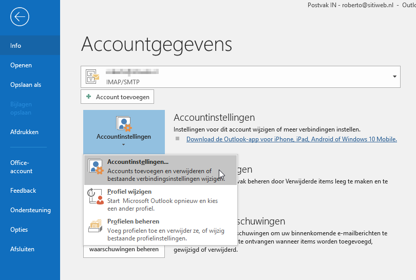 Selecteer accountinstellingen in Outlook 2019