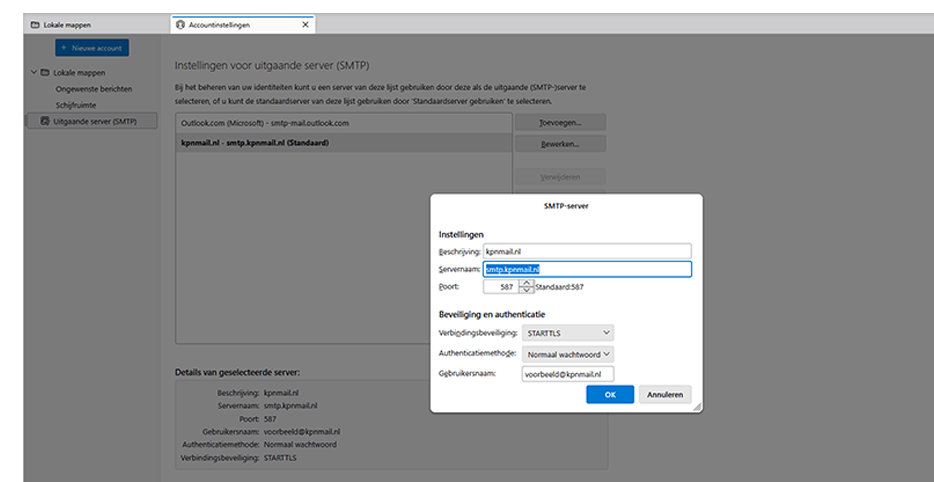 SMTP-server instellingen in Thunderbird 