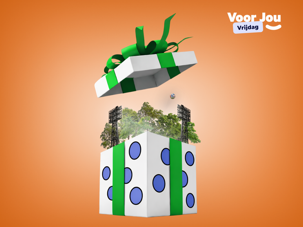 Afbeelding van voetbalstadion in bos in een open cadeau'tje
