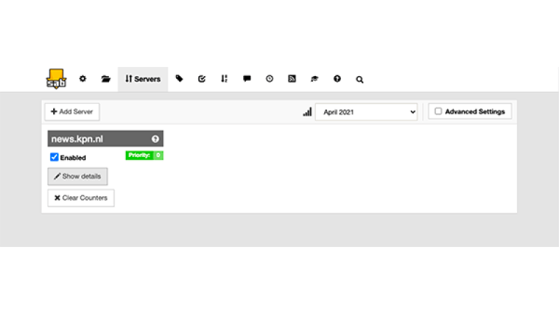 Scherm van de newsreader SABnzbd met bovenin het icoontje 'Servers'
