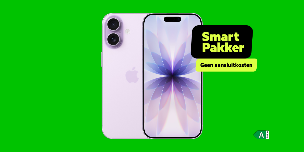 De voor- en achterkant van de iPhone 17 met Smartpakker label, geen aansluitkosten en energielabel A