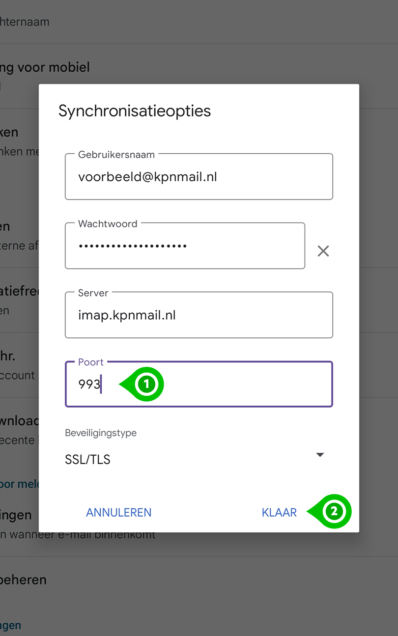 Instellingen voor server (imap.kpnmail.nl), poort (993) en beveiligingstype (SSL/TLS) in Gmail