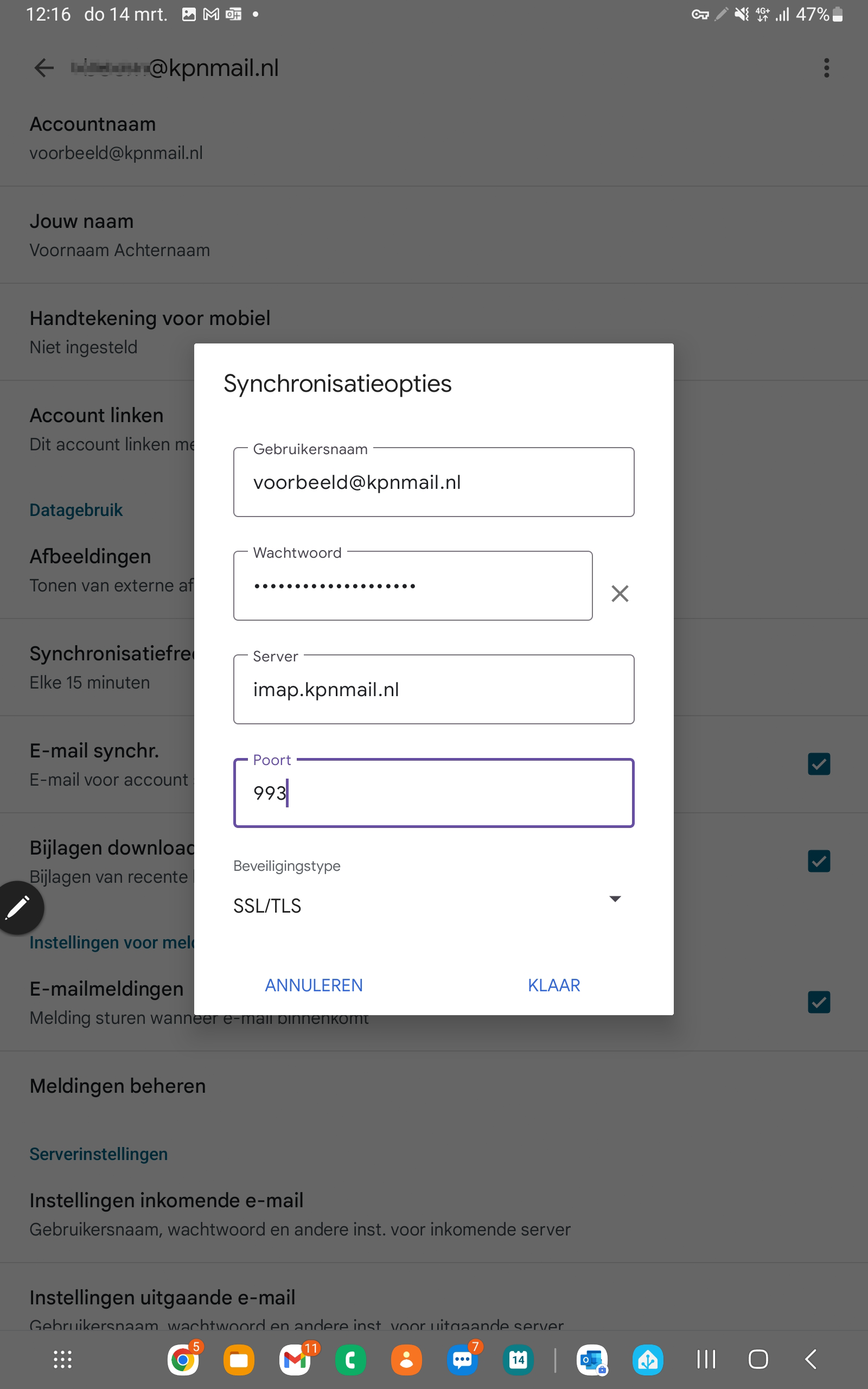 Instellingen voor server (imap.kpnmail.nl), poort (993) en beveiligingstype (SSL/TLS) in Gmail
