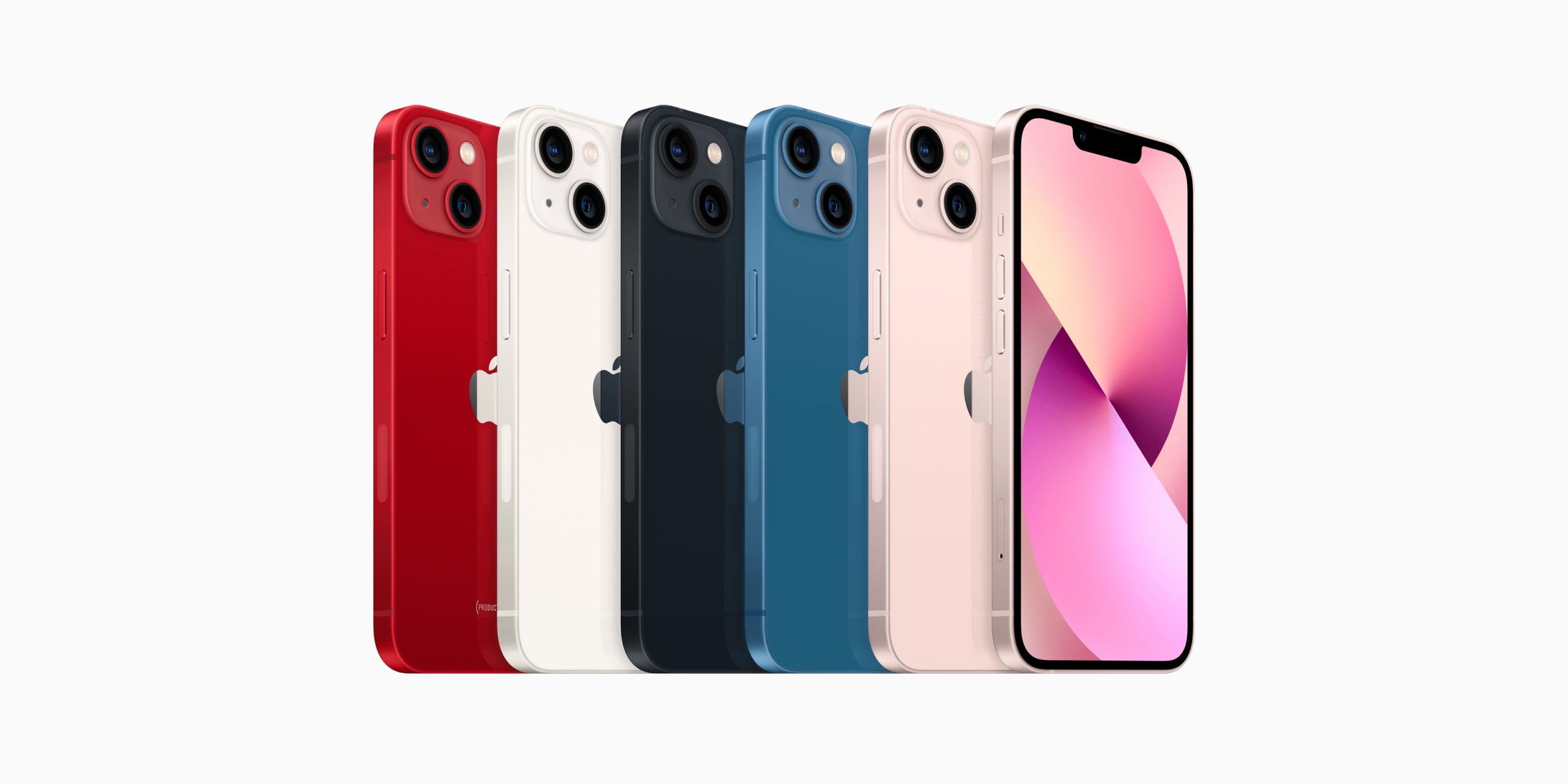 5 iphones 13 op een rij (roze, blauw, zwart, wit en rood)