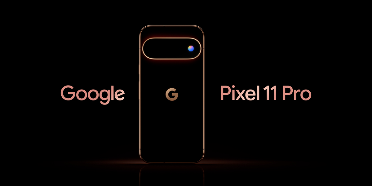 De nieuwe Google Pixel 11 Pro op een zwarte achtergrond
