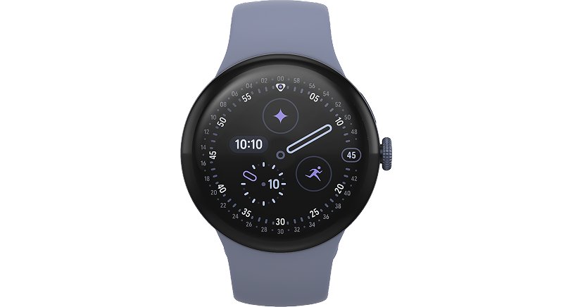 Twee Google smartwatches naast elkaar. De een heeft een zwarte band en de ander een beige band. 
