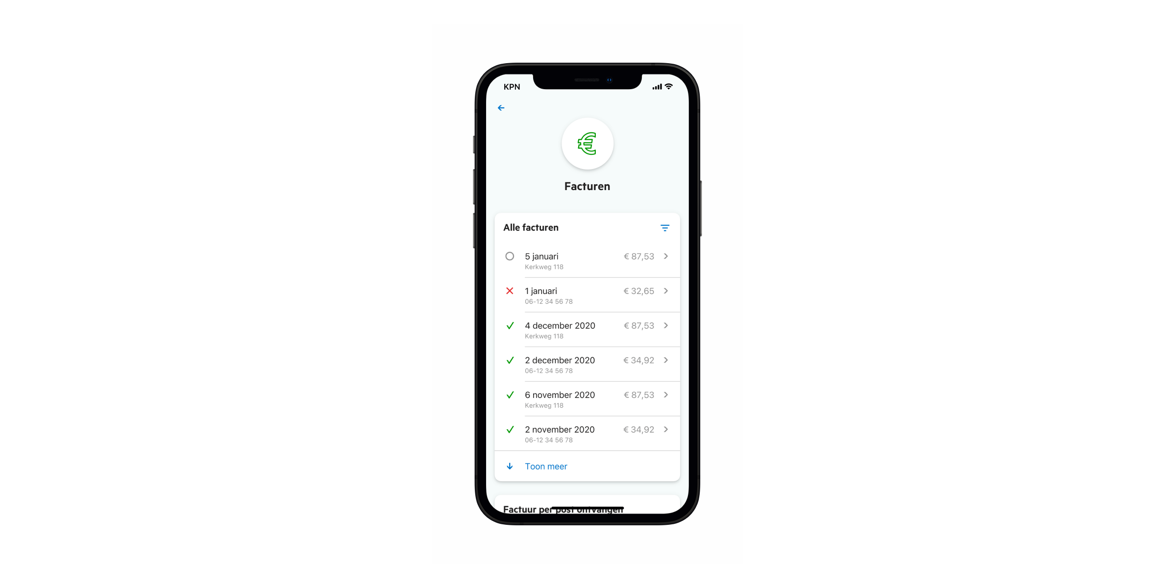 Smartphone met een lijst met facturen in de MijnKPN app