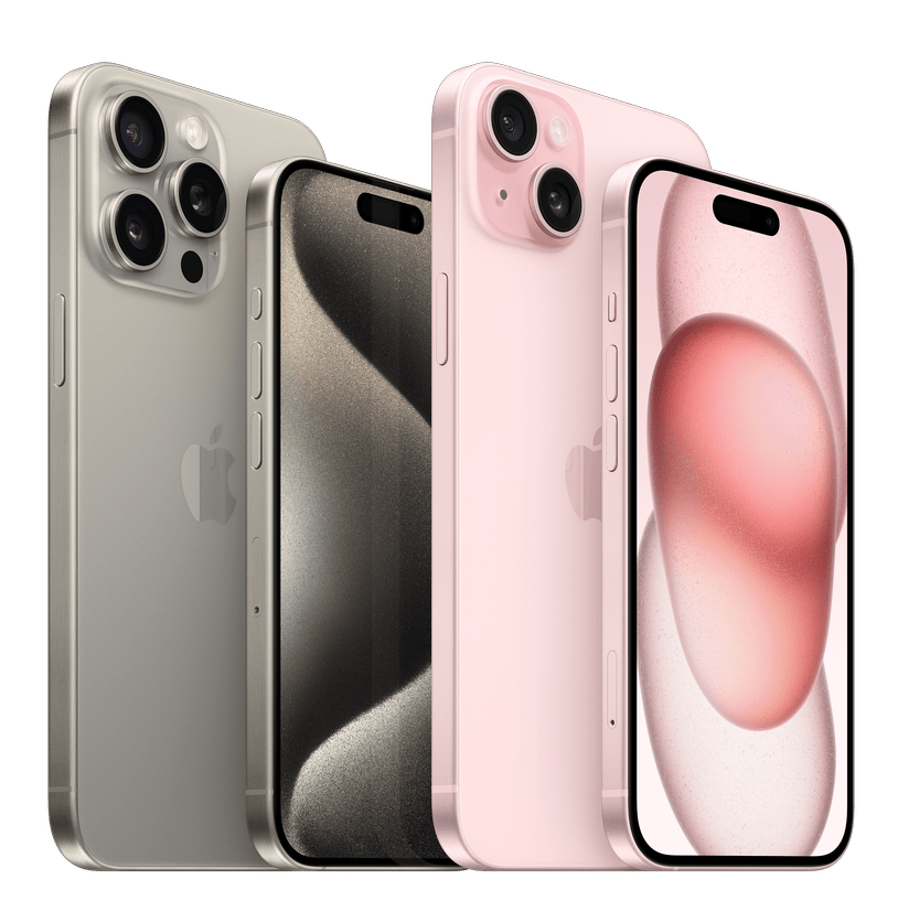 Een zwarte iPhone 15 Pro en een roze iPhone 15