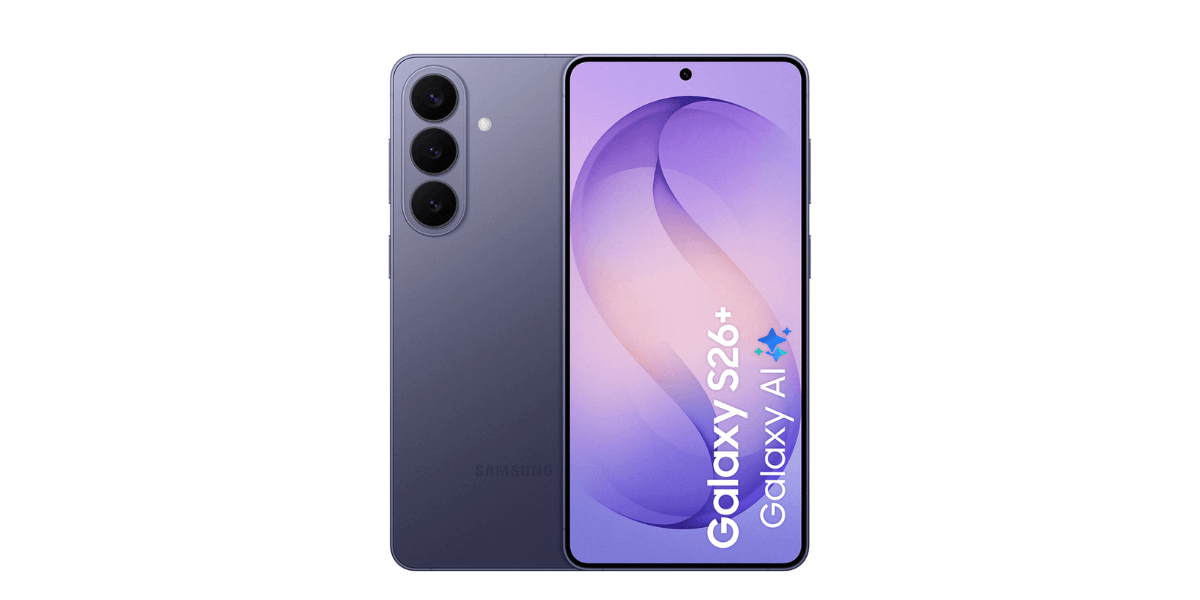 De voor en achterkant van de donkerpaarse Samsung Galaxy S26 Plus