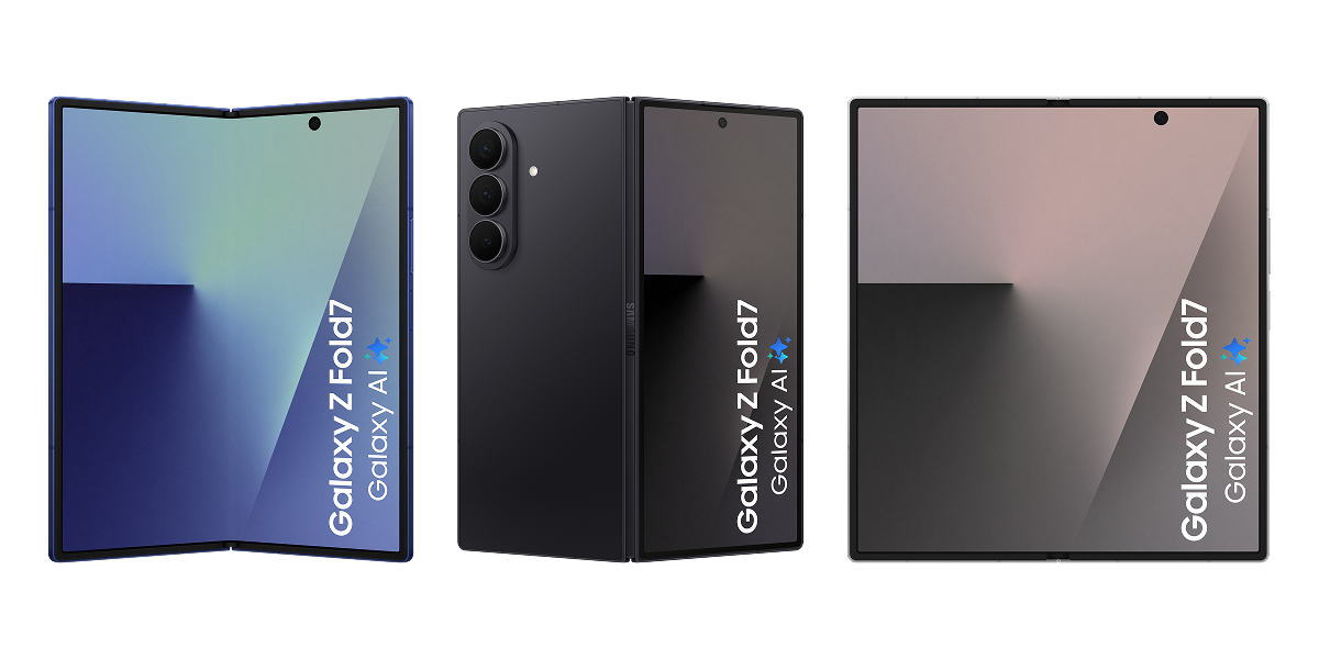 De voor- en achterkant van blauwe en zwarte Samsung Galaxy Z Fold7 