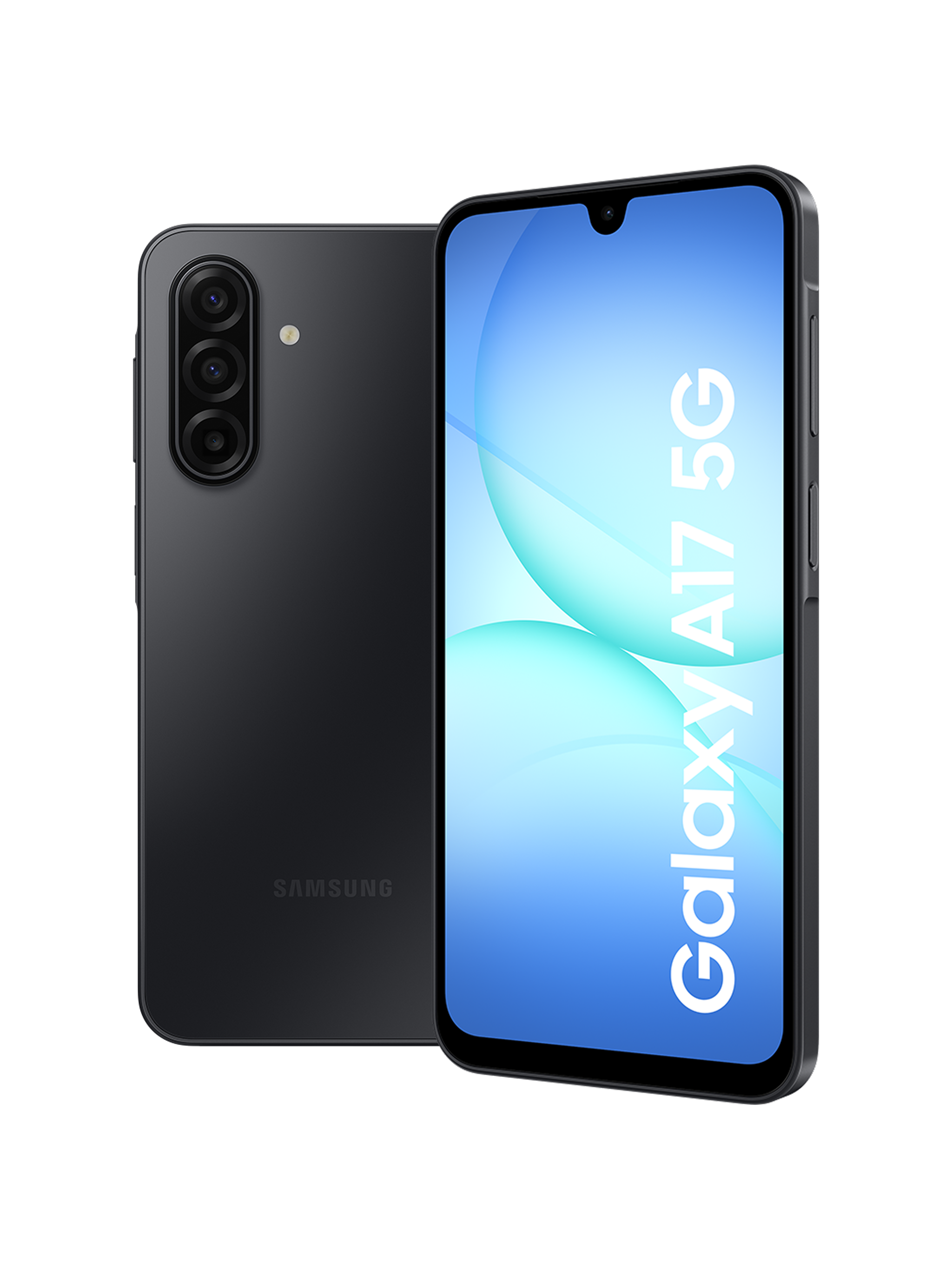Voorkant en achterkant van de Samsung Galaxy A17 op een witte achtergrond