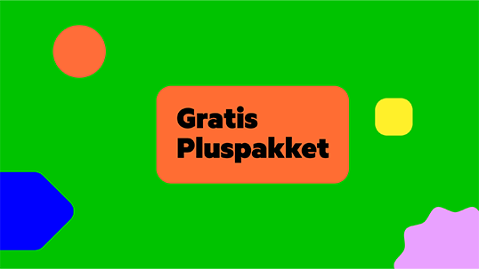 Gratis Pluspakket in tekst afgebeeld in een rood vierkant op een groene achtergrond