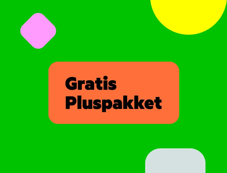 De tekst 'Gratis Pluspakket' afgebeeld in een rood vierkant op een groene achtergrond met anders gekleurde vormen