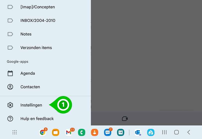 Gmail menu met tandwieltje en 'Instellingen'