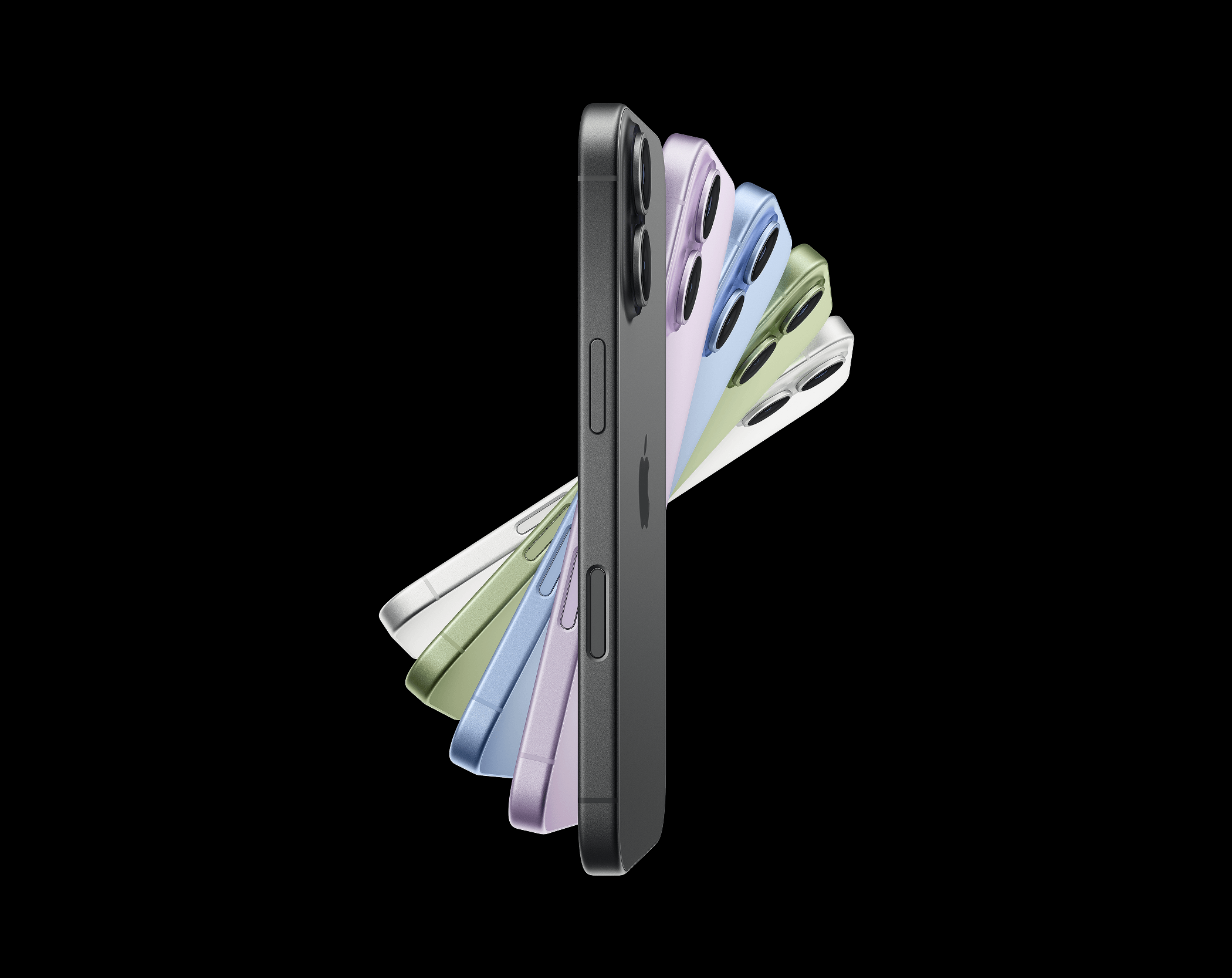 5 iPhone 17 toestellen in zwart, paars, lichtblauw, lichtgroen en zilver als een waaier naast elkaar