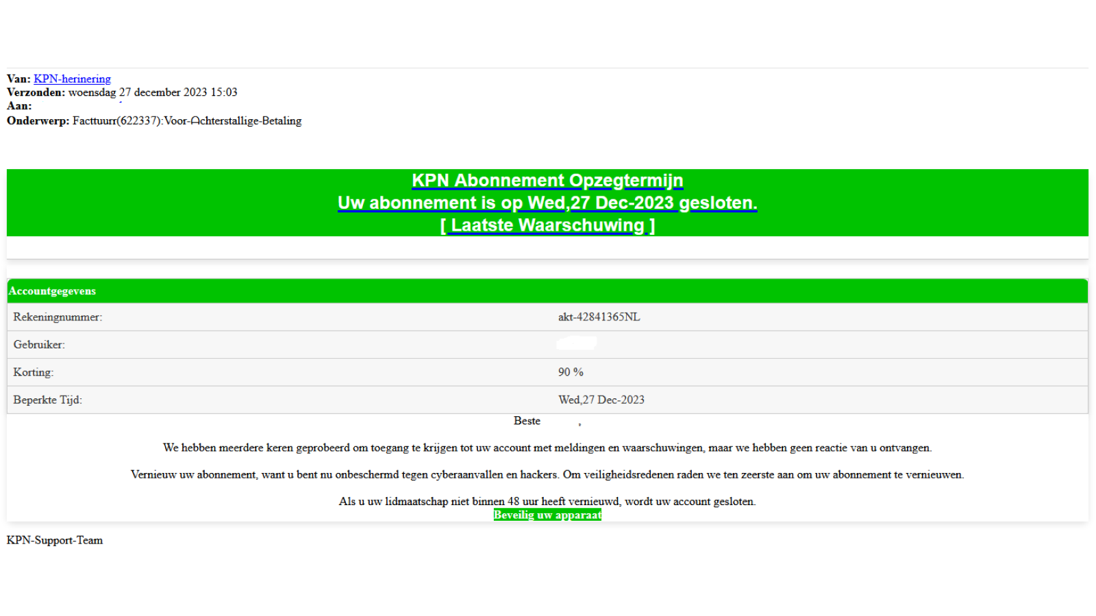 Voorbeeld van phishing mail met onderwerp: Facttuurr(622337):Voor-Achterstallige-Betaling