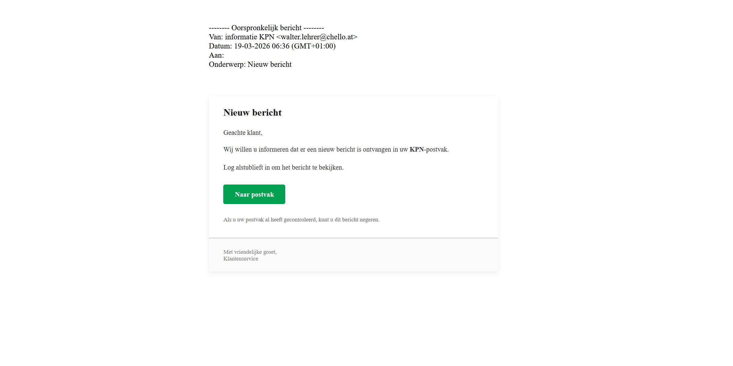 Afbeelding van phishing mail met onderwerp: "Nieuw bericht"