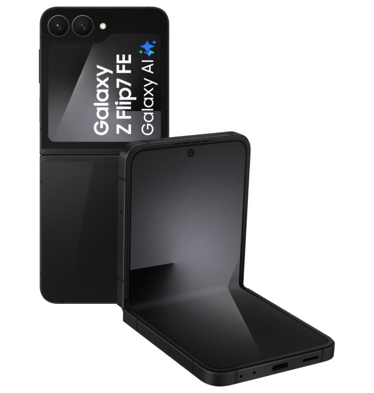De achterkant en de voorkant van een opengeklapte zwarte Samsung Galaxy Z Flip7 FE