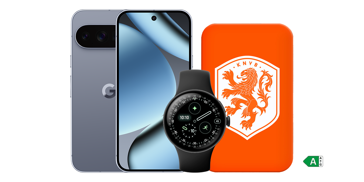 De Google Pixel 10 Pro samen met de Pixel Watch 4 en powerbank