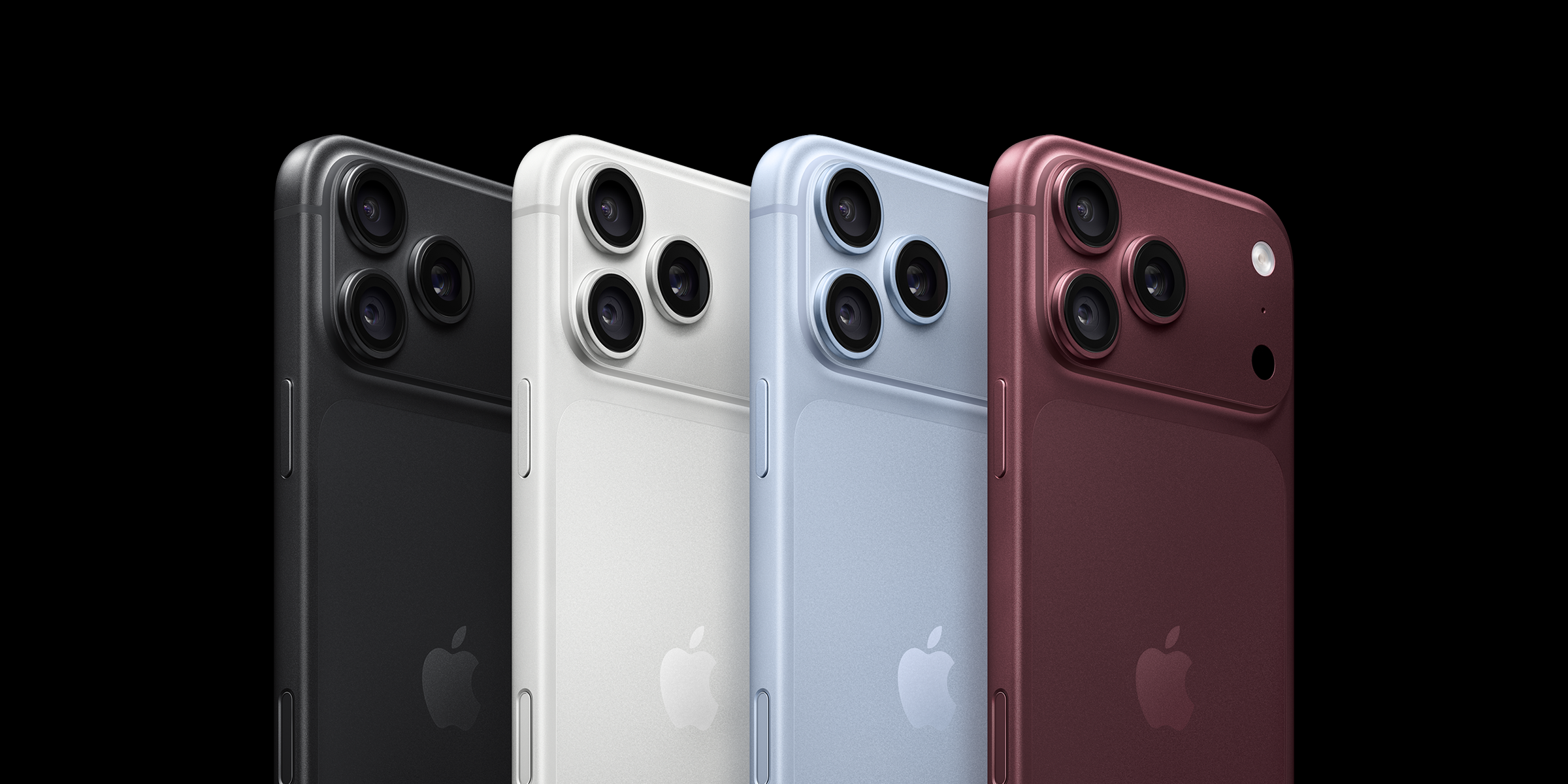 De achterkant van de Apple iPhone 18 Pro Max in de 4 kleuren: zwart, zilver, lichtblauw en donkerrood
