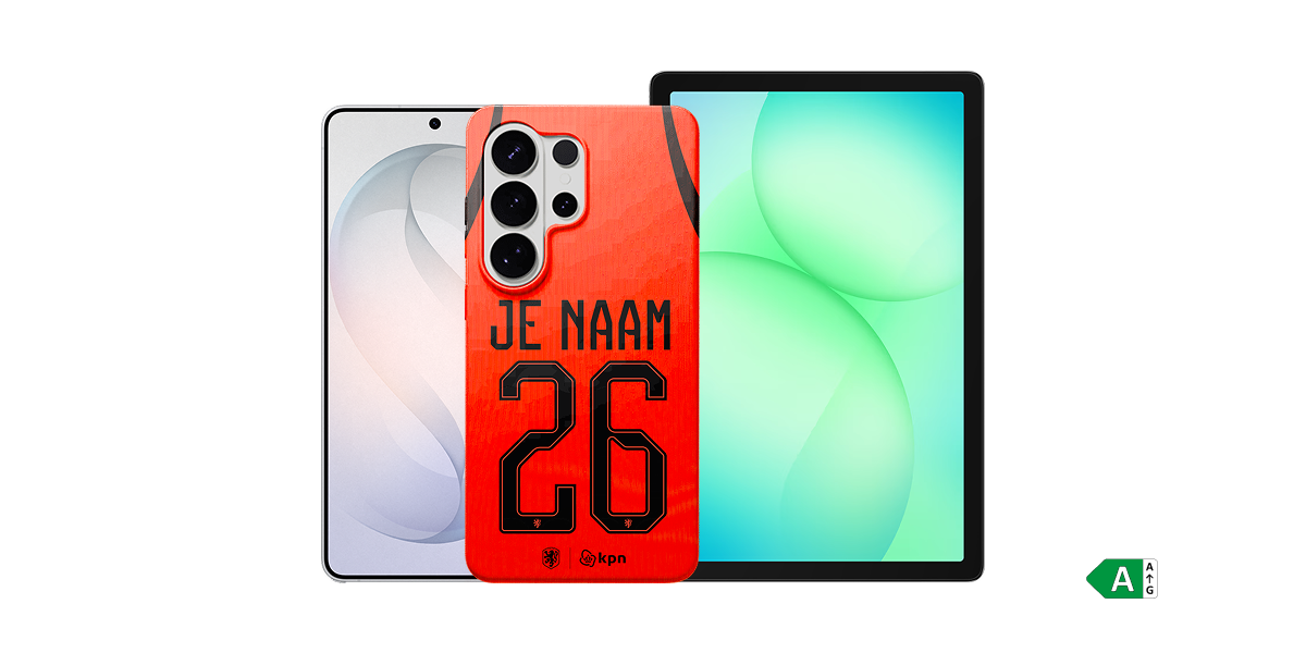 De voor- en achterkant van de witte S26 Ultra met de Tab A11+ en energielabel A