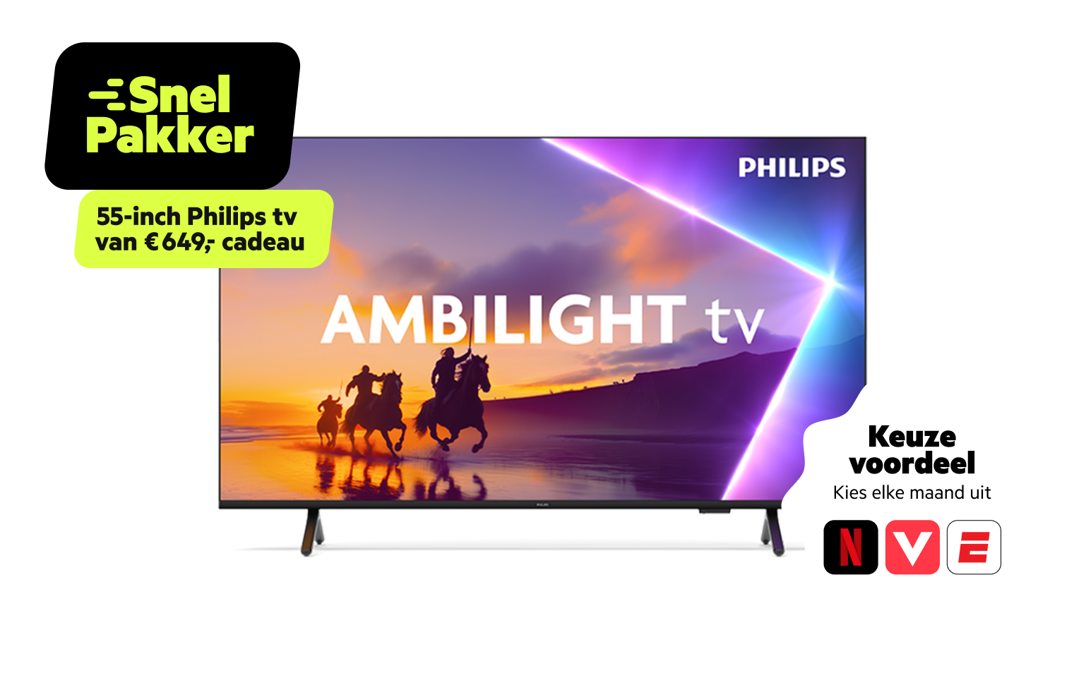 55 inch Ambilight tv met keuzevoordeel: krijg elke maand uit Netflix, Videoland of ESPN Compleet cadeau