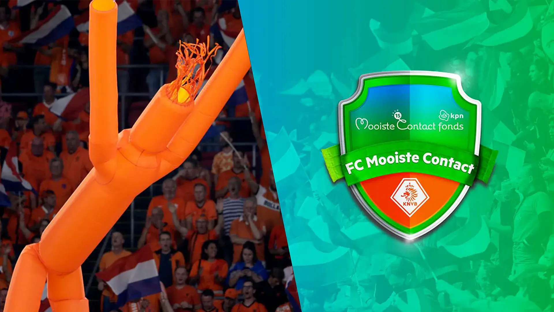 Beeld van opblaas pop in oranje en logo FC Mooiste Contact