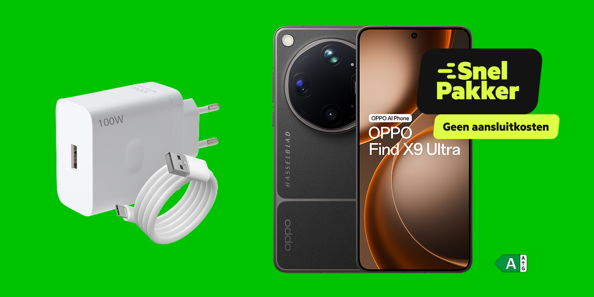 De OPPO Find X9 Ultra met 100 W SuperVOOC adapter op een groene achtergrond met snelpakkerlabel