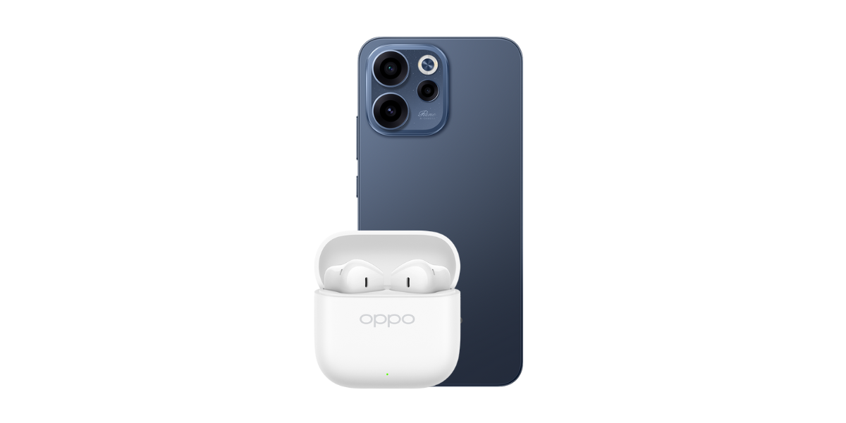 Buds3 oordopjes en SuperVOOC 80 W snellader naast de OPPO Reno15 F