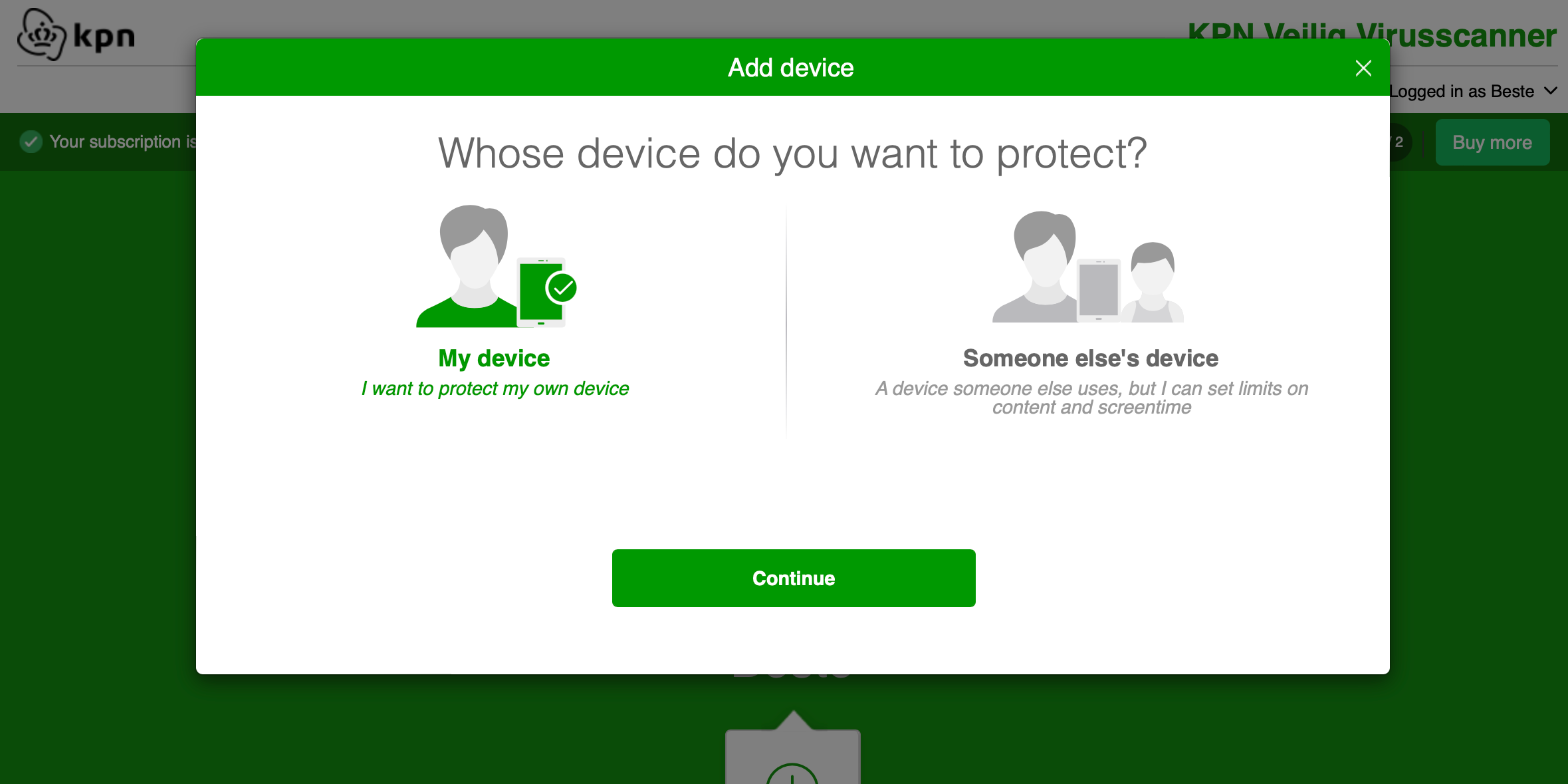 Pop-up met 'Whose device do you want to protect?', keuzeopties en een knop 'Continue'