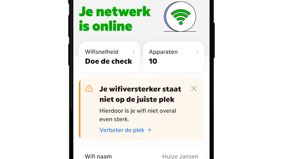 Screenshot van de MijnKPN app met het advies: Je wifiversterker staat niet op de juiste plek. Hierdoor is je wifi niet overal even sterk.