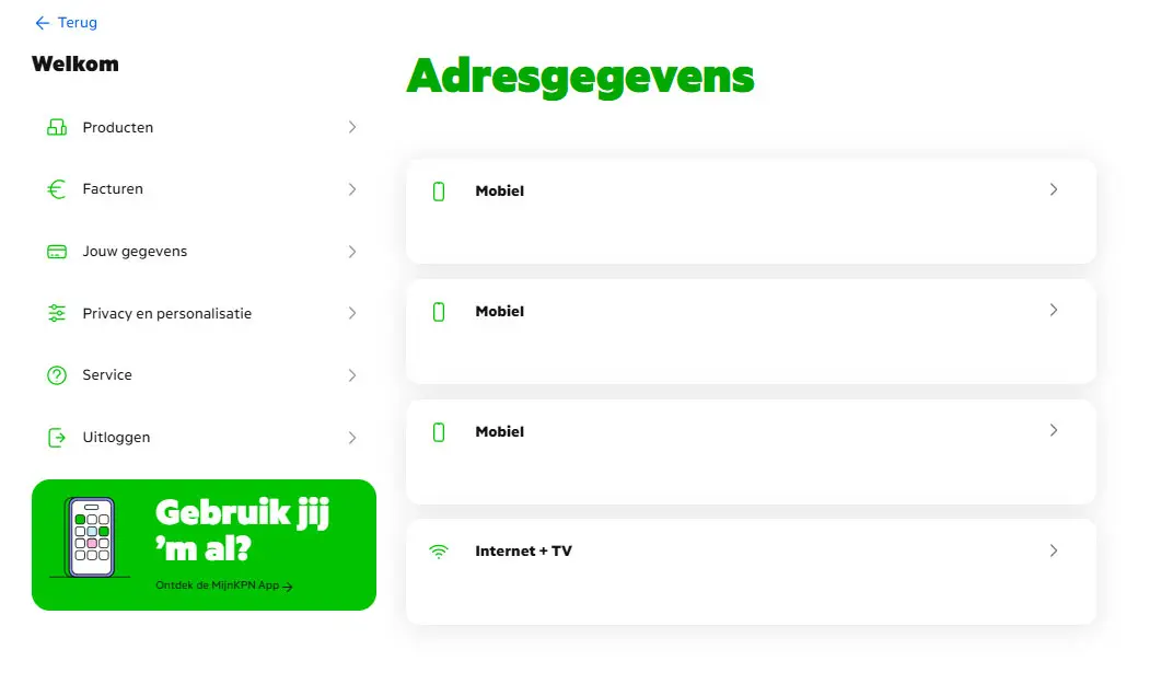 MijnKPN scherm met een overzicht van de producten met de adresgegevens
