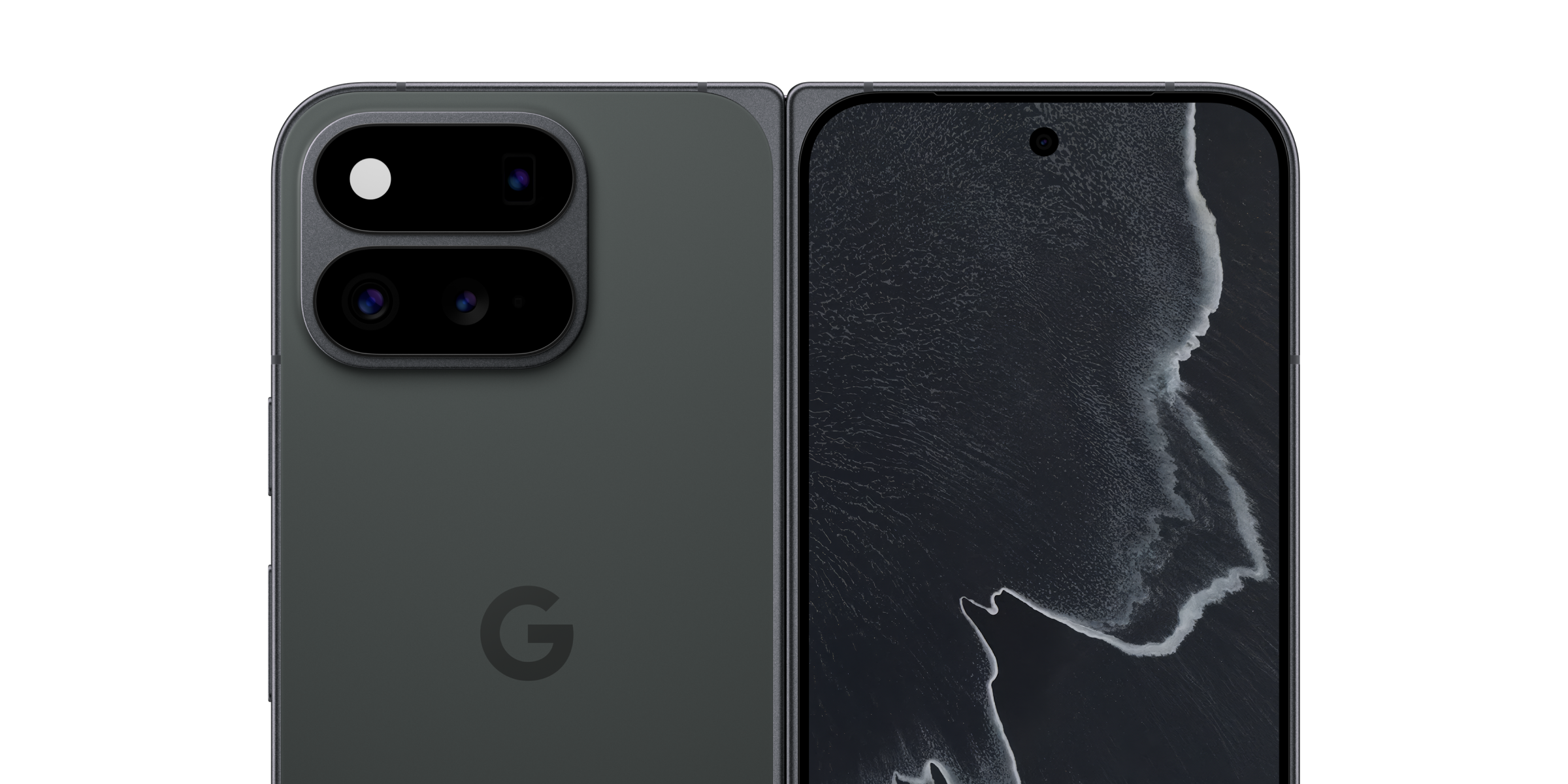 De bovenste helft van de voor- en achterkant van de zwarte Pixel 11 Pro Fold