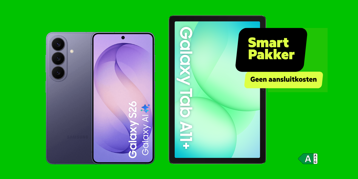 De Samsung Galaxy S26 met de Galaxy Tab A11+ en een Smartpakker label op een groene achtergrond