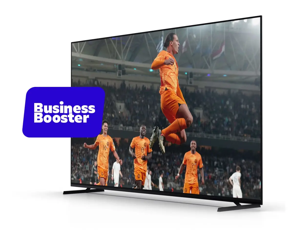Voetballers van oranje in actie op een grote televisie met het Business Booster logo ernaast