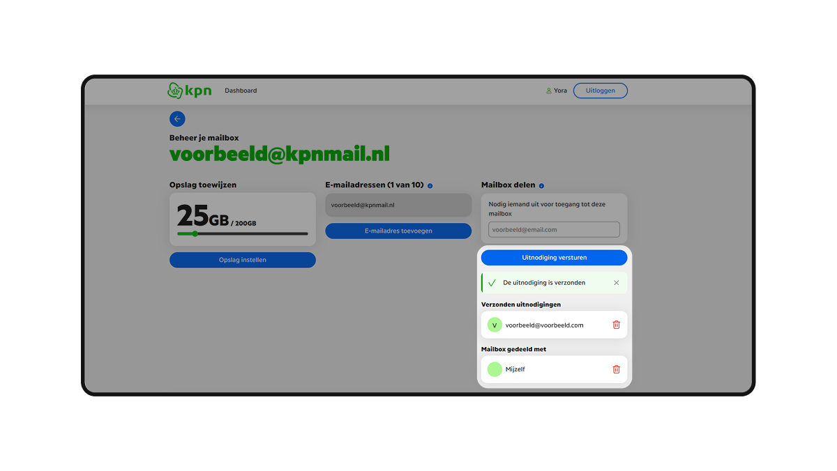 Overzicht met verzonden uitnodigingen en gedeelde mailboxen
