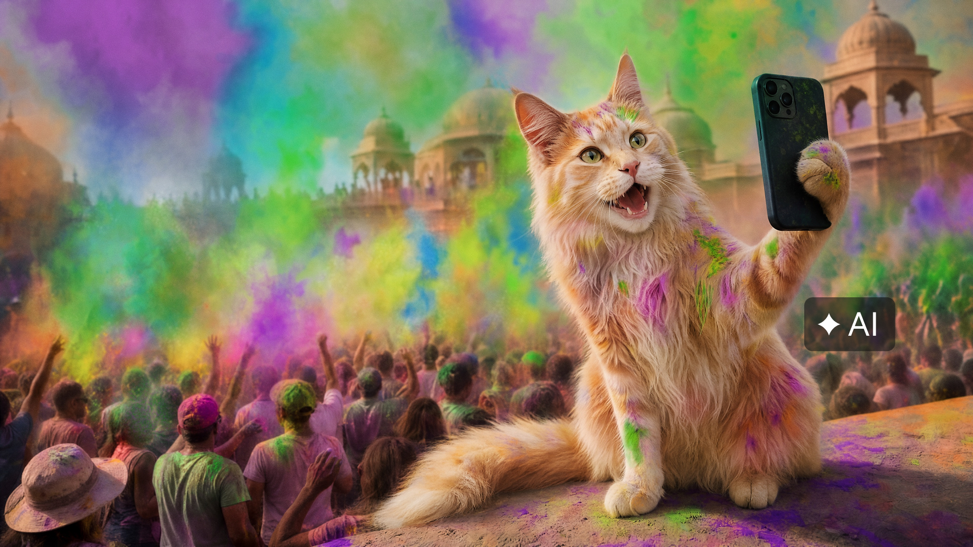 Louis de kat neemt een selfie tijdens het Holi kleurenfeest