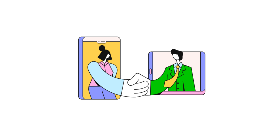 Illustratie van poppetjes die elkaar digitaal de hand schudden