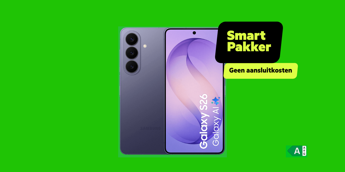 De Samsung Galaxy S26 en een Smartpakker label op een groene achtergrond