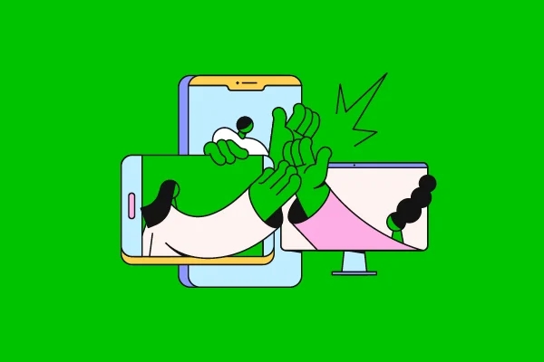 Illustratie van een mobiele telefoon, computerscherm en tablet met elk een figuur op het scherm; de drie figuren steken hun handen uit de schermen en geven elkaar buiten de apparaten een high-five.