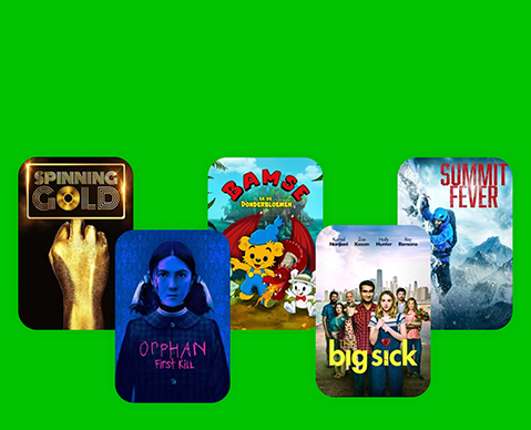 Filmposter voor de films: Spinning Gold, Orphan: First Kill, Bamse en de donderbloemen, Big sick en Summit fever.