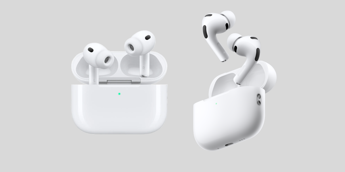 De Apple AirPods Pro naast elkaar. Het doosje is open en de pods zweven erboven