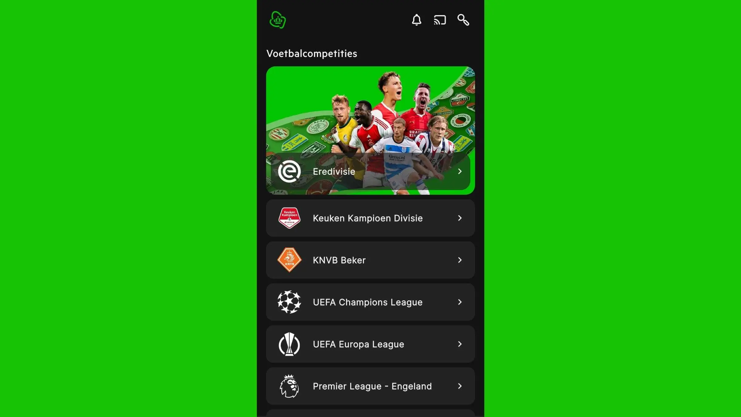 TV+ app scherm met overzicht van voetbalwedstrijden